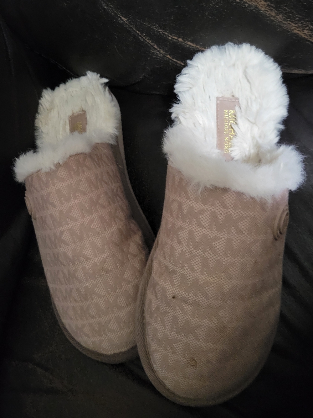 Michael Kors Taupe Logo Faux-Fur Lined Slip-On Slippers